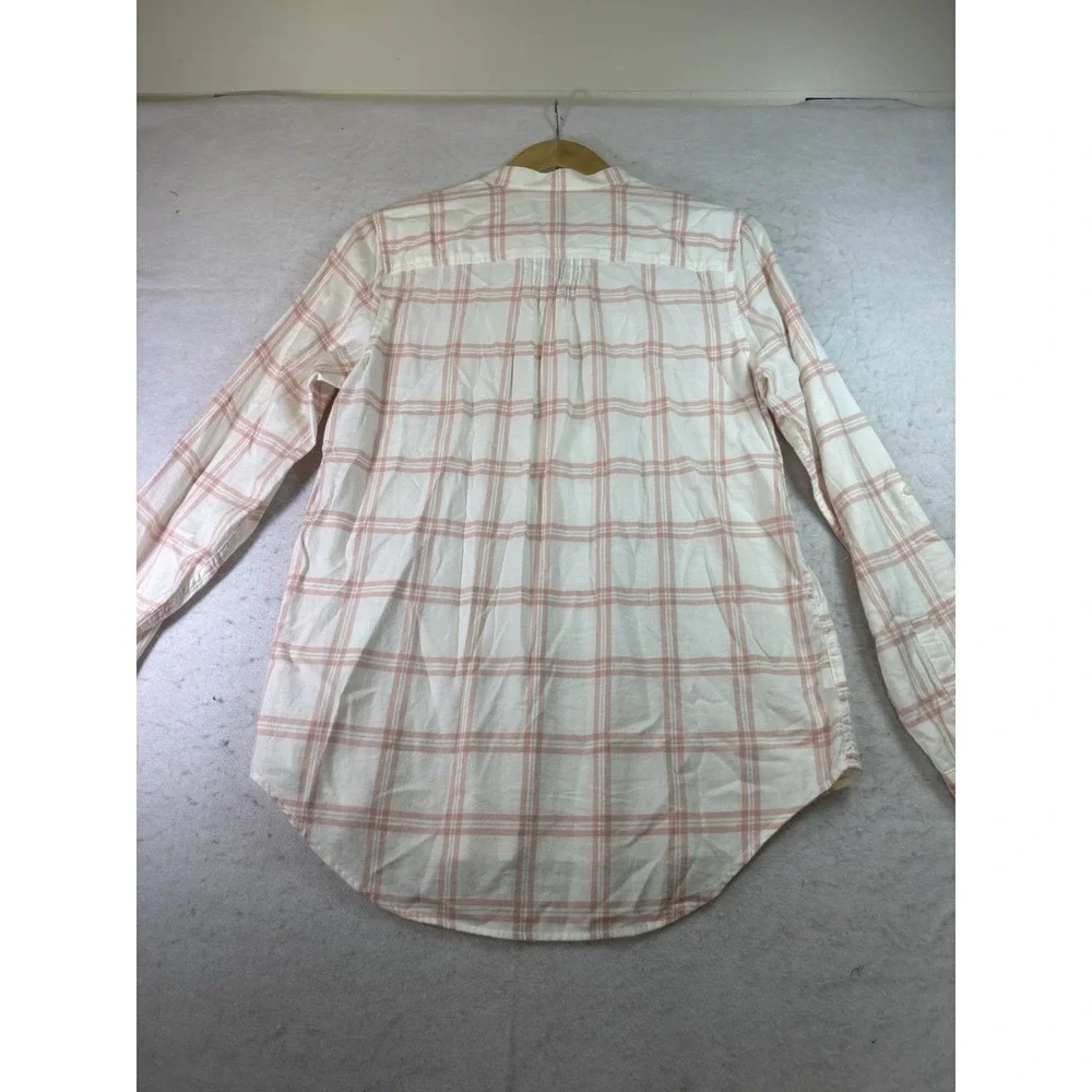 Lands End Pink Ivory Cotton Flannel Plaid Shirt Sz 6 Pintucks Roll Tab Sleeve